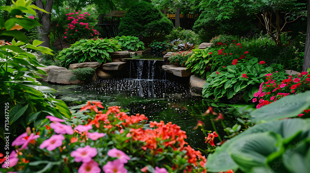 Exuberante vegetação envolve um lago tranquilo onde flores coloridas florescem em abundância