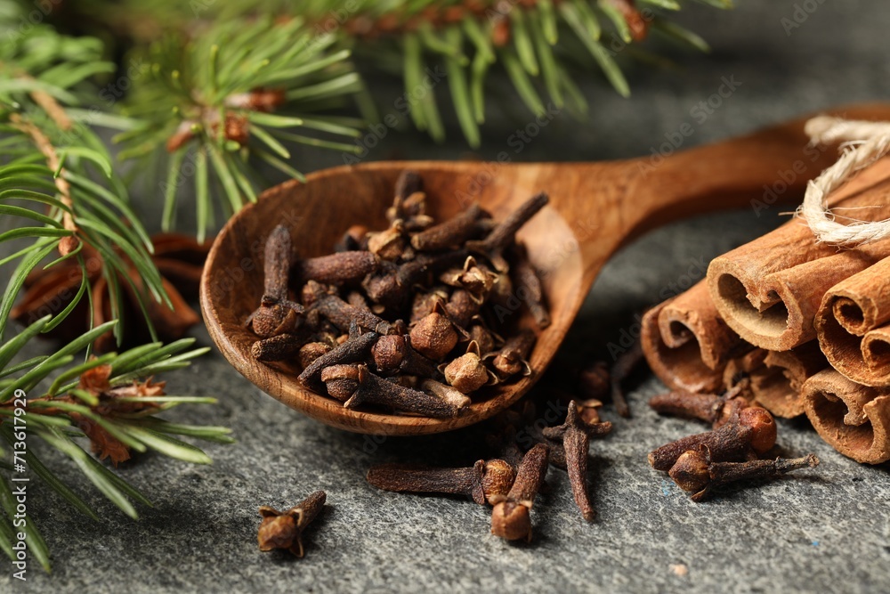Obraz premium Wooden spoon with different spices and fir branches on gray table, closeup