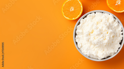 Cottage cheese in a bowl on orange background. Top view.	