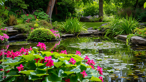 Exuberante vegetação envolve um lago tranquilo onde flores coloridas florescem em abundância