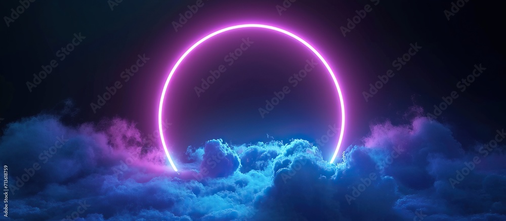 Obraz premium abstract cloud illuminated with neon light ring on dark night sky.