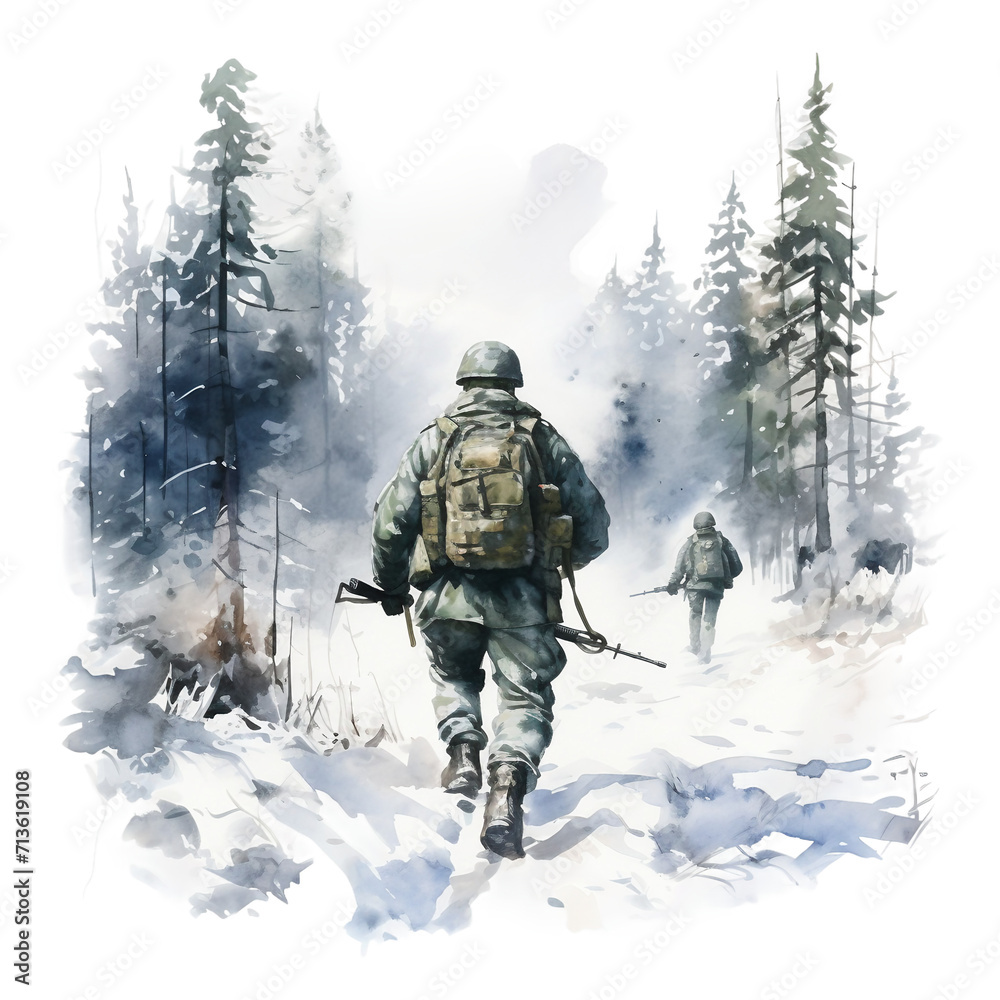 Watercolor military in the taiga isolated on a white background