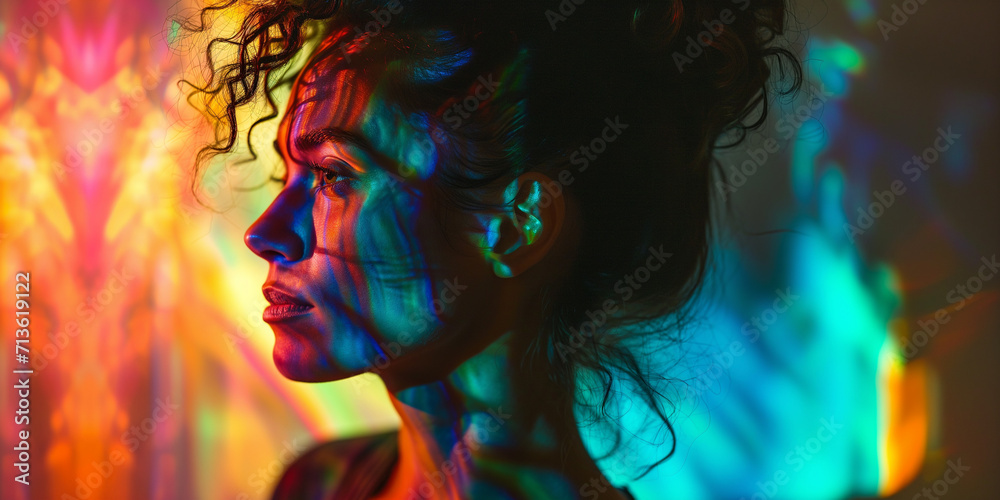 Young adult female with curly hair, bathed in vibrant neon lights, appears contemplative, amidst a backdrop of vivid colors Young adult female with curly hair, bathed in vibrant neon lights, appears contemplative, amidst a backdrop of vivid colors