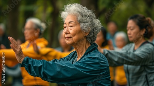 Senior Community Events seniors Asian woman do Tai Chi in Class exercise outdoor