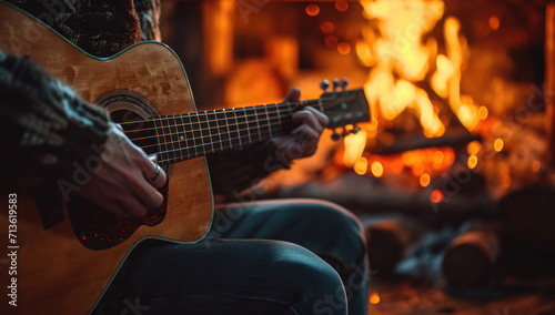 Close-up of an acoustic guitar in a musician's lap, blurred background of a bonfire