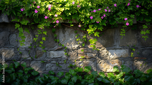Folhagem verde exuberante cai pelos lados de um muro de pedra envelhecida criando uma atmosfera serena e encantadora