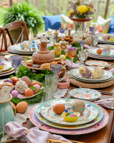 A table set with a festive Easter brunch featuring colorful dishes