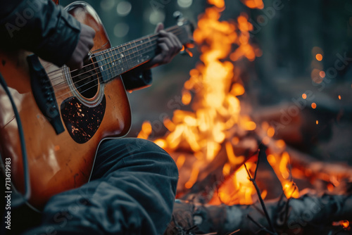 Close-up of an acoustic guitar in a musician's lap, blurred background of a bonfire