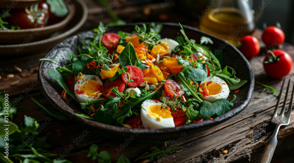 A bowl of fresh salad with spinach, tomato, eggs and olive oil