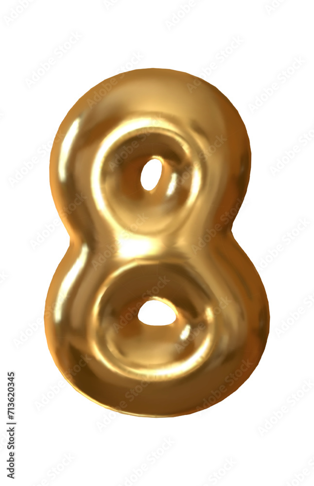 Gold metal number 8 realistic 3d design. 8 number on a white background. Vector illustration