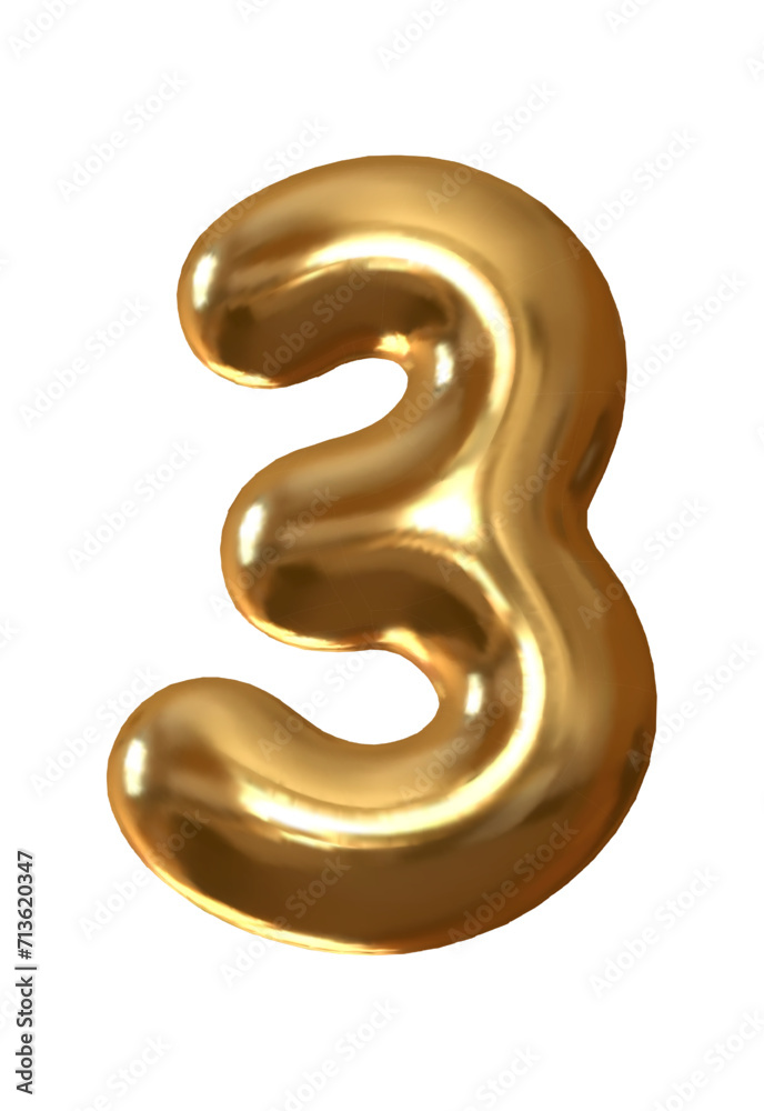 Gold metal number 3 realistic 3d design. 3 number on a white background. Vector illustration Gold metal number 3 realistic 3d design. 3 number on a white background. Vector illustration