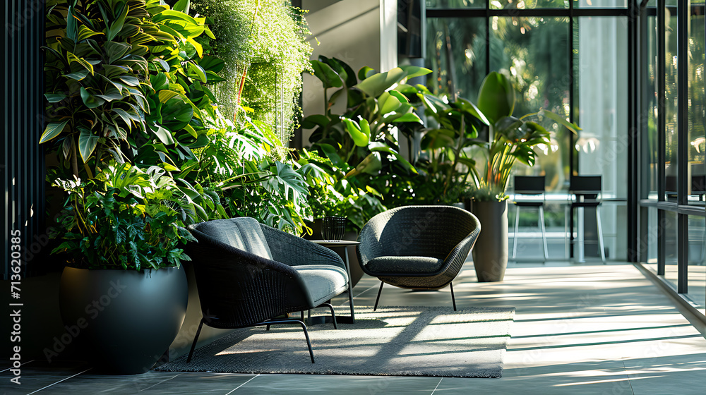 Folhagem verde exuberante se derrama de elegantes plantadores minimalistas criando um oásis de tranquilidade em meio à agitada paisagem urbana