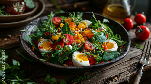 A bowl of fresh salad with spinach, tomato, eggs and olive oil