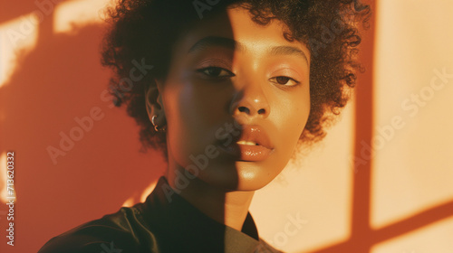 Attractive mixed race black african american female model against peach fuzz background, strong shadows, editorial image, ai generated