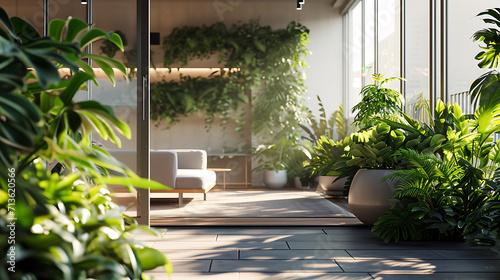 Folhagem exuberante verde-cascata de vasos elegantes cria uma atmosfera serena e convidativa dentro de um apartamento urbano moderno