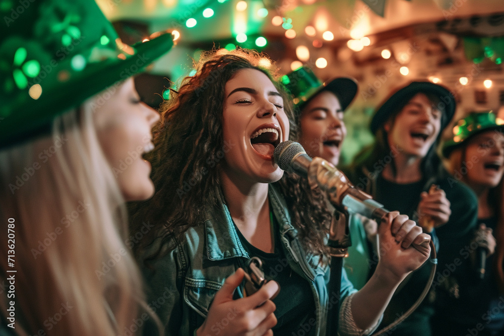 Friends participating in a St. Patrick's Day-themed karaoke session, illustrating the musical joy and love of the holiday