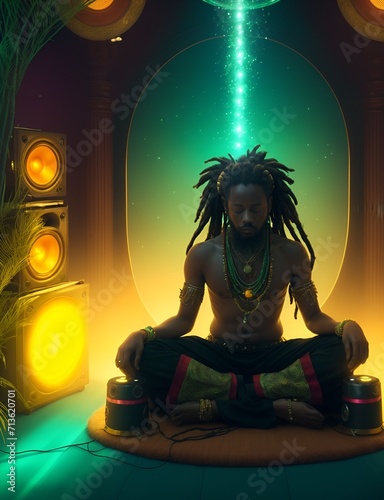 man with dreadlocks in meditation position sitting near some speakers that emanate light