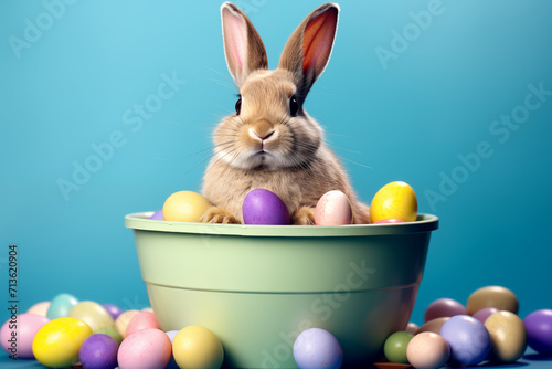 Easter Bunny Rabbit in Bucket with Easter Eggs and Blue Background © Richard