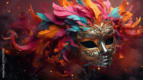 A vibrant carnival unfolds colorful masks adorning people's faces, creating atmosphere of joy, festivity, mystery. mask showcase intricate designs, adding element of elegance to lively celebration. © Alla