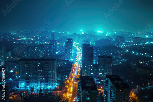 rooftop view of a city at night  wide shot  urban skyline with ambient street lights