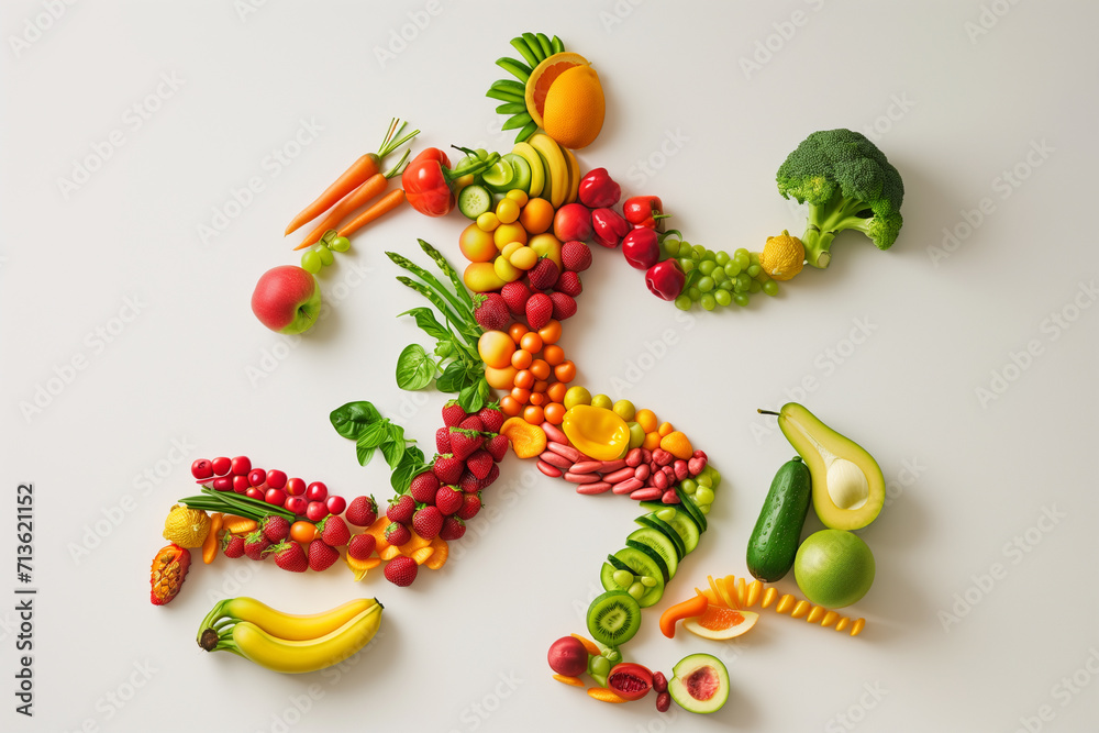 Running man made from fruit and vegetables. Concept on theme healthy lifestyle 