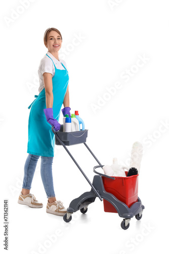 Female janitor with trolley...