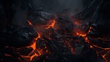 Dry black lava, there is liquid lava flowing between the many cracks. tense atmosphere in the dark. there was a thin layer of smoke in between.