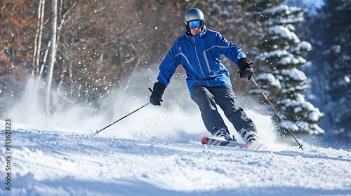a man is skiing in very deep snow season, winter sport