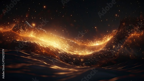 Wave of bright particles. Dark vibration fluid waves, sound and music visualization.