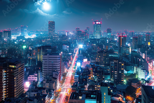 rooftop view of a city at night, wide shot, urban skyline with ambient street lights © Serega