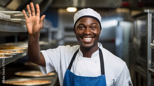 Smiling Man in Apron Waves Greeting to Camera in Friendly Gesture photo