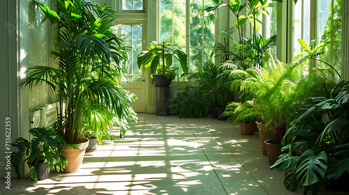 Folhagem verde exuberante enche o espaçoso e iluminado quarto criando uma atmosfera serena e rejuvenescedora A luz solar se filtra através das folhas lançando padrões manchados nas paredes e no chão