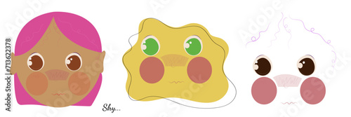 Set of shy emotion. Cartoon kid emotion. Pink hair, yellow face and kawaii eyes. Green, brown and dark brown eyes. Flat vector illustration