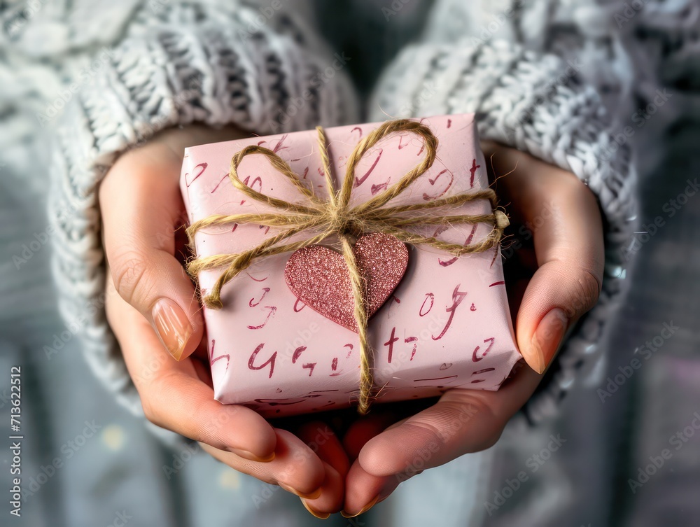 Gift in the hands of a woman with Greeting label. Close up shot of female hands holding a white present packed in white paper. Valentines Day. Gift in the hands of a woman with Greeting label. Close up shot of female hands holding a white present packed in white paper. Valentines Day.