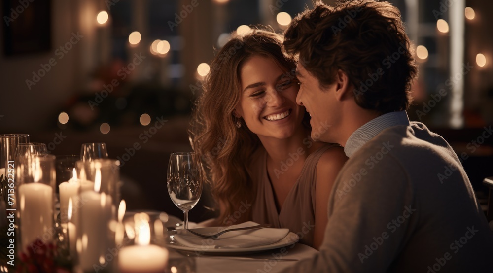 Amidst a warm restaurant ambiance, a happy couple in love shares smiles and laughter, their connection evident in the joyous atmosphere of shared moment and romantic bliss Amidst a warm restaurant ambiance, a happy couple in love shares smiles and laughter, their connection evident in the joyous atmosphere of shared moment and romantic bliss