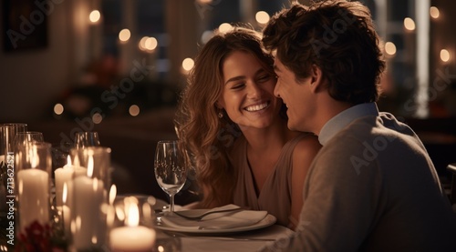 Amidst a warm restaurant ambiance, a happy couple in love shares smiles and laughter, their connection evident in the joyous atmosphere of shared moment and romantic bliss