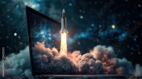 Rocket launch from laptop. Launching start up or new business project. 3d illustration