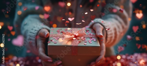 Valentine gift. Beauty Woman hands holding Gift box with red bow over holiday background with glowing hearts bokeh  close-up. pastel colors