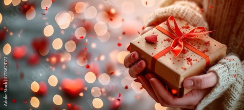 Valentine gift. Beauty Woman hands holding Gift box with red bow over holiday background with glowing hearts bokeh, close-up. pastel colors