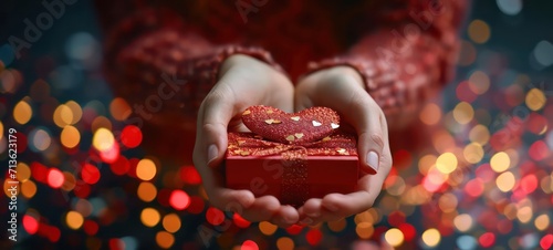 Valentine gift. Beauty Woman hands holding Gift box with red bow over holiday background with glowing hearts bokeh, close-up. pastel colors