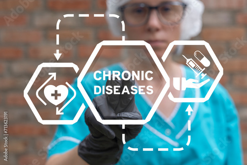 Obraz na płótnie Nurse using virtual touch screen presses inscription: CHRONIC DISEASES
