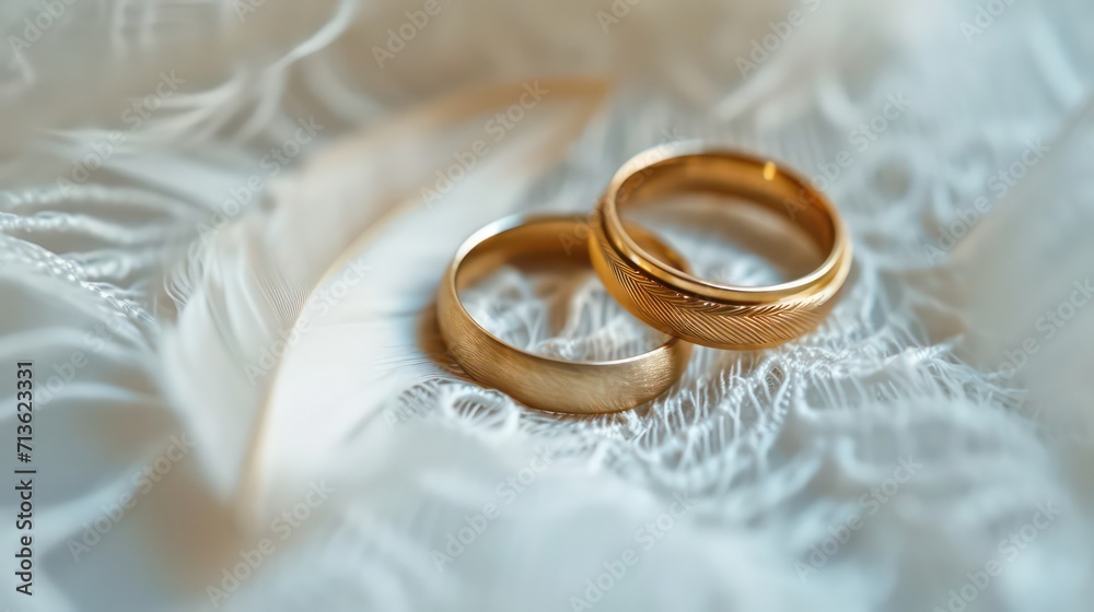 Elegant Wedding or Engagement background - pair of golden wedding rings and gentle white bow ribbon on gentle pink backdrop, copy space for text