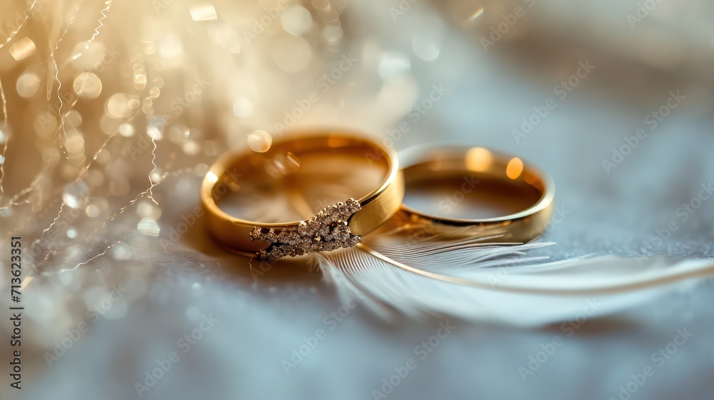 Two Golden Wedding Rings and Light Angel Feather on gentle sparkling background Two Golden Wedding Rings and Light Angel Feather on gentle sparkling background