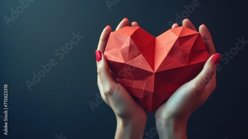 Woman showing red polygonal paper heart shape  cropped image