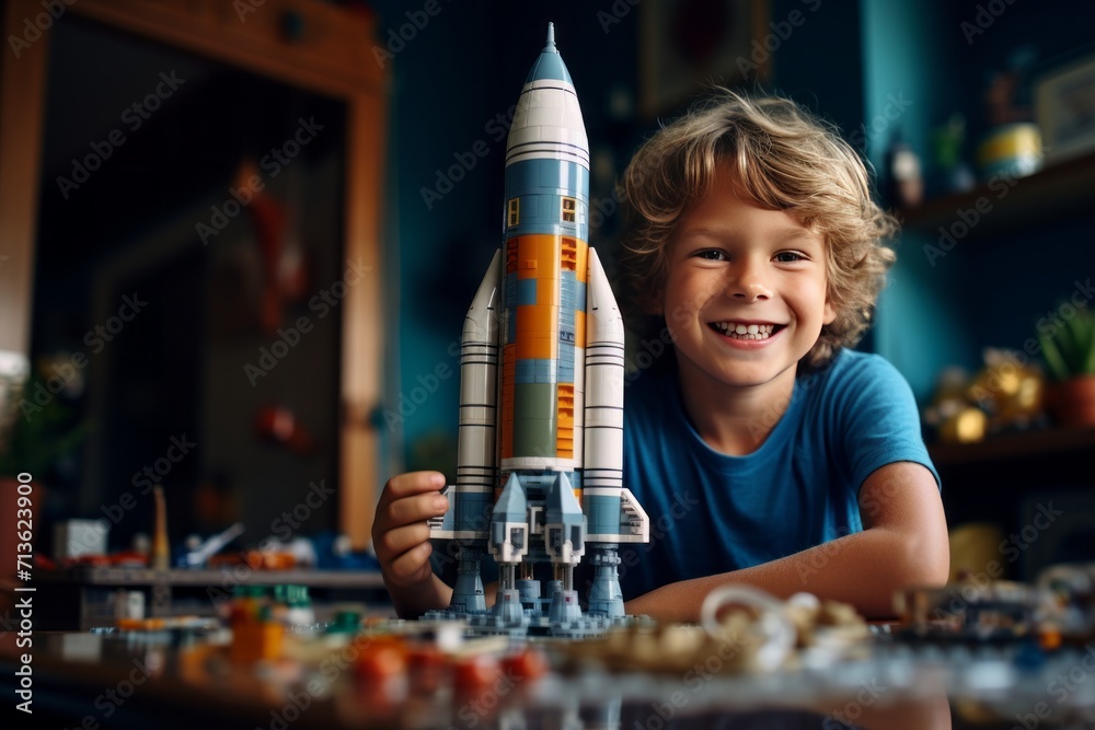 A little Caucasian boy sits at the table in his cozy room and plays with a construction set. Happy smart kid assembling a realistic model of cosmodrome and spaceship. Play and learn concept. - obrazy, fototapety, plakaty 