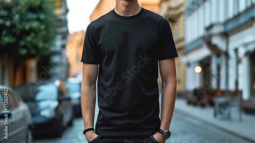 Young stylish bearded man in a black T-shirt and sunglasses. Street photo