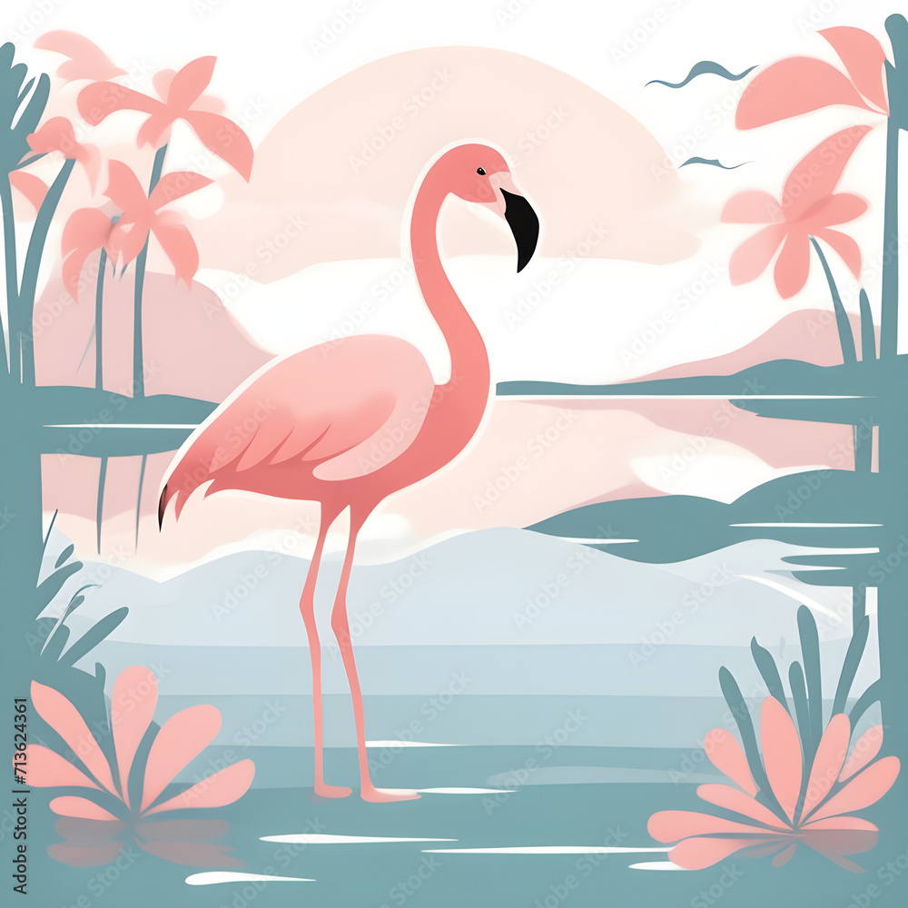 Obraz premium Cartoon flamingo on lake