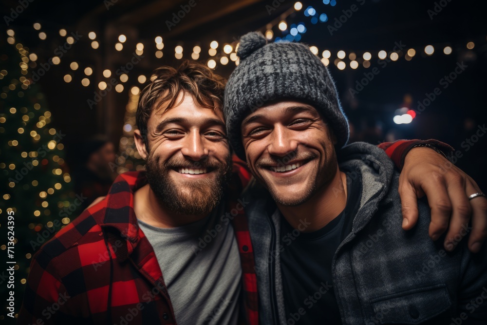 Two adult bearded men in casual clothes pose hugging and smiling happily in a pub during New Year's party. Old buddies are having fun.