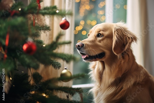 Close-up of cute dog sitting near Christmas tree in cozy living room. Anticipation of the New Year holidays.