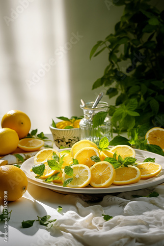 Juicy pieces of lemons on the plate on the table with copy space